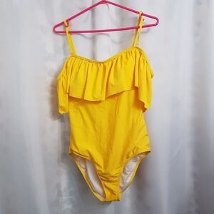 Funnygirl women's large bright yellow flounce top 1 piece swim suit NWT
